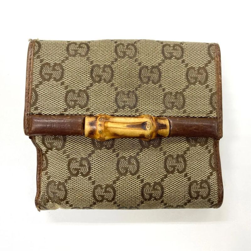 Gucci GG Canvas Leather Compact Wallet Bifold Wallet Bamboo 112521 Beige Made