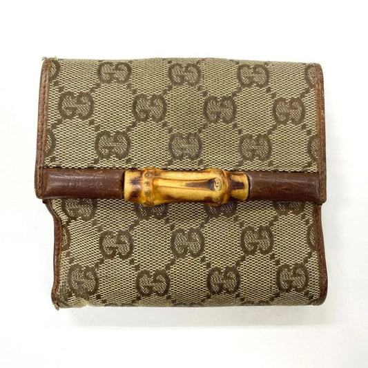 Gucci GG Canvas Leather Compact Wallet Bifold Wallet Bamboo 112521 Beige Made