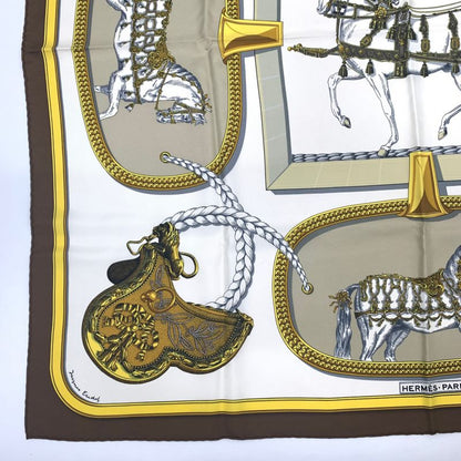 Hermes Carre 90 Grand Apparat Horse In Full Dress Brown X Gold X White Scarf