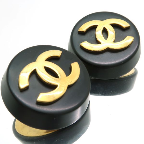 Chanel Earring 2 8 Coco Mark Black X Gold GP Round Large Vintage
