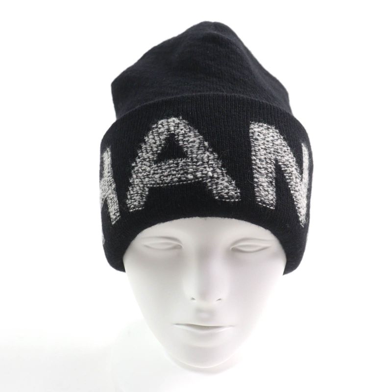 CHANEL Wool Cashmere Blend Logo Design Knit Hat Knit Cap Hat Black Made In