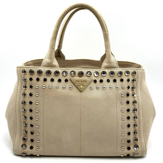 Prada Canapa Bijoux Tote Handbag Studded Canvas Beige Ivory Women's