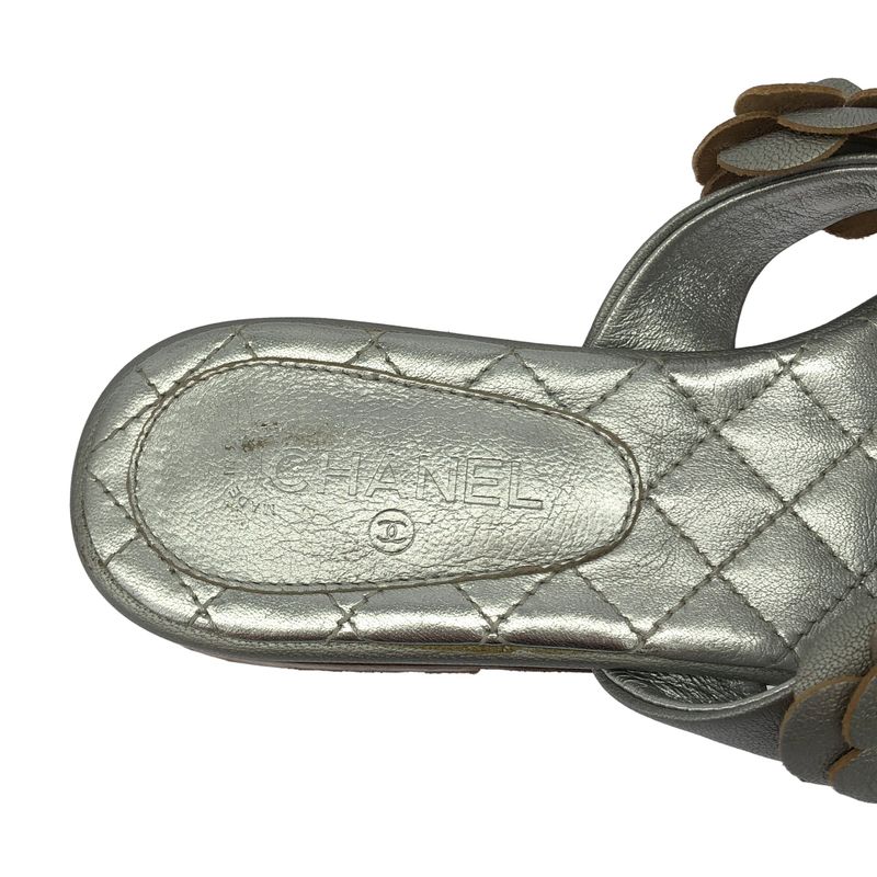 Chanel Camellia Flower Mule Sandals Silver 35