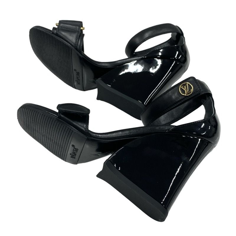 Louis Vuitton Stellar Line Sandals Shoes Leather Patent Black Gold Logo Strap