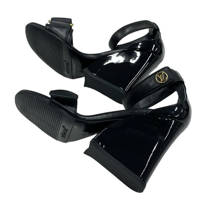 Louis Vuitton Stellar Line Sandals Shoes Leather Patent Black Gold Logo Strap