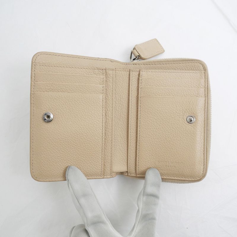 Saint Laurent Bifold Long Wallet Beige Compact Wallet Leather 414661
