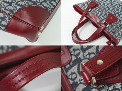 Authentic Christian DIOR Trotter Tote Handbag Canvas Leather Navy Bordeaux