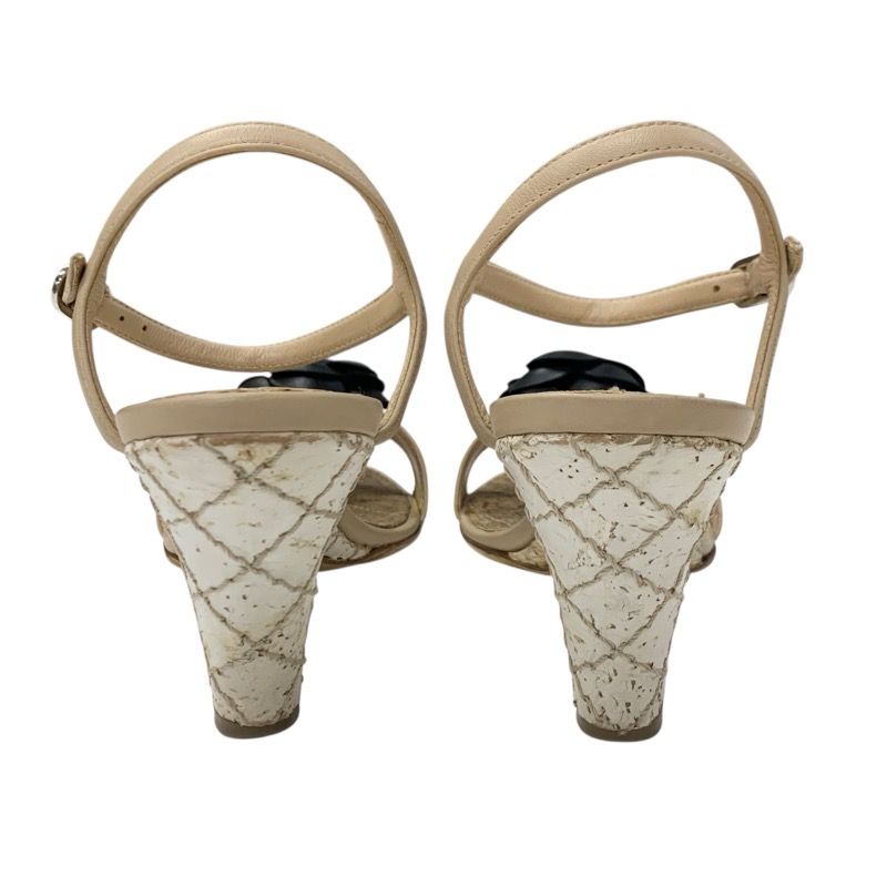 Chanel Sandals Shoes Leather Beige Black Coco Mark Camellia Matelasse Strap