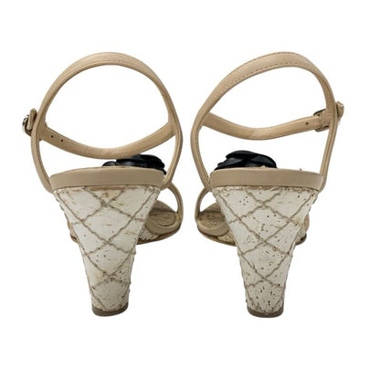 Chanel Sandals Shoes Leather Beige Black Coco Mark Camellia Matelasse Strap