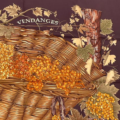Hermes Carre 90 Scarf Vendanges Grape Harvest Pattern Brown 100% Silk