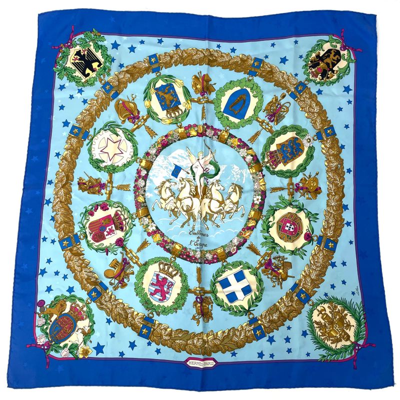 Hermes Carre 90 Emblemes De L'europe European Emblem Scarf Silk Blue