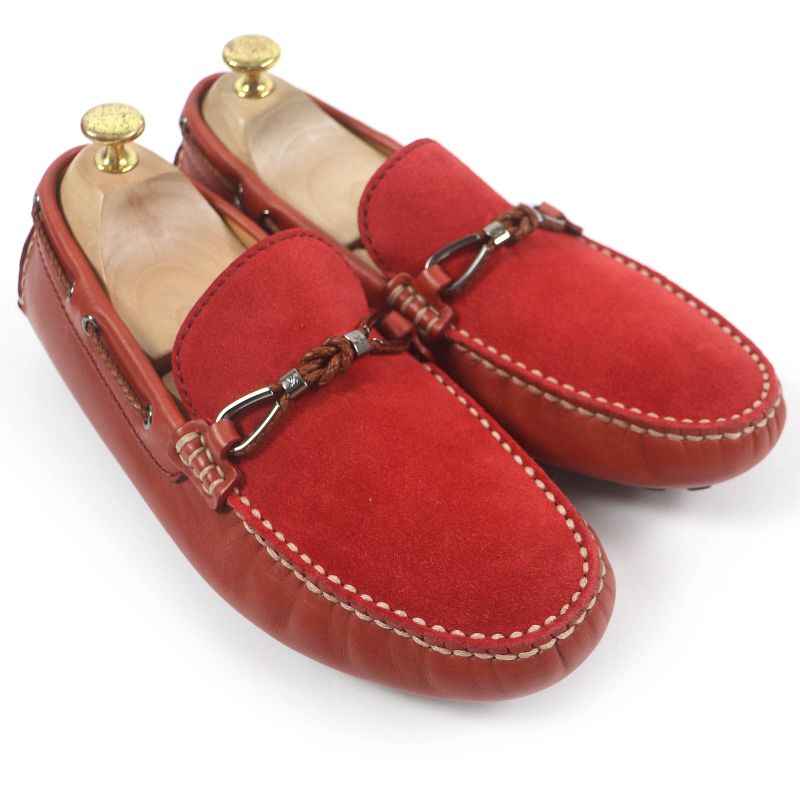 Louis Vuitton LV Logo Hardware Suede Leather Loafers Driving Shoes Red 6.5 Made