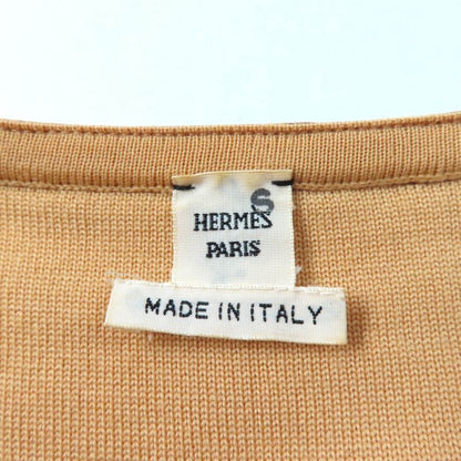 Hermes 100% Wool Lamb Leather Trim Short Sleeve Knit Cardigan Top Yellowish 36