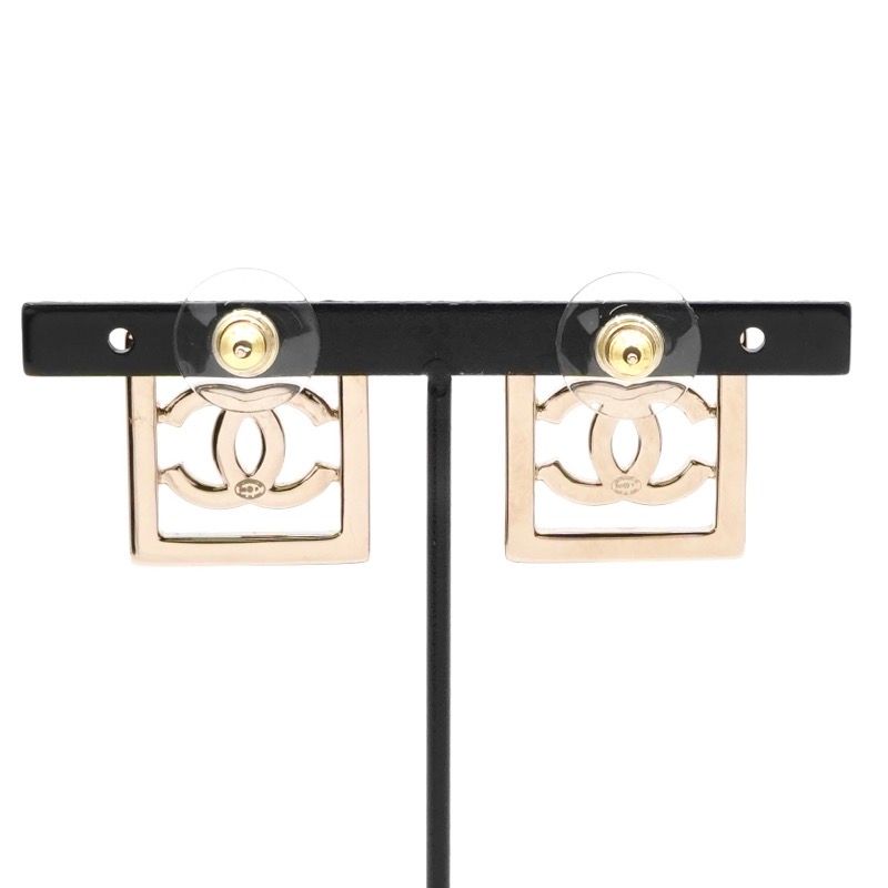 Chanel Earrings Earring Gold Coco Mark Rhinestone Square