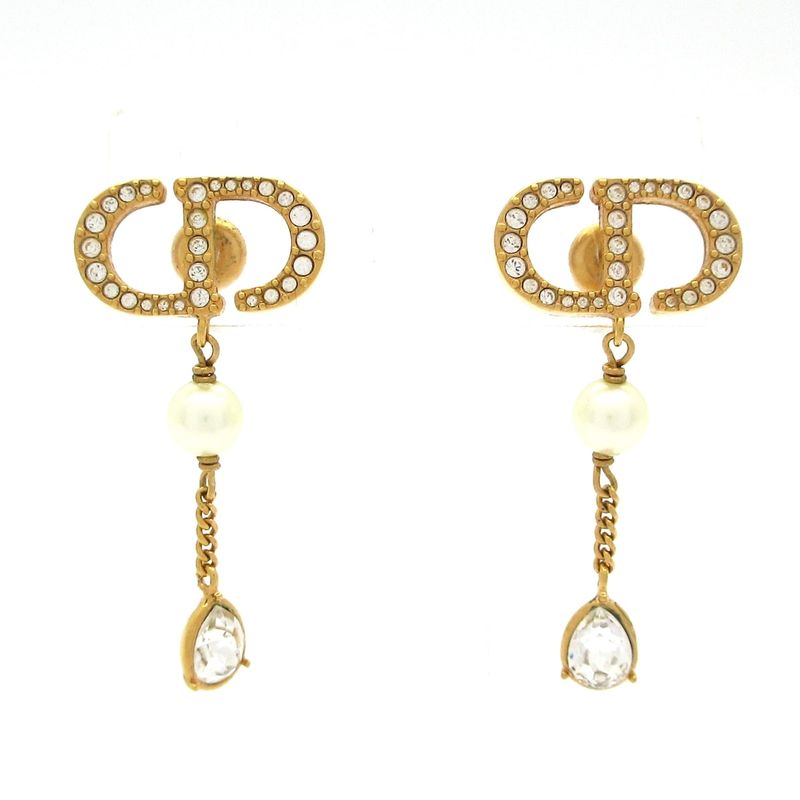 Dior/christian Dior Earrings Petite CD Logo Earrings Gold And White CD Motif