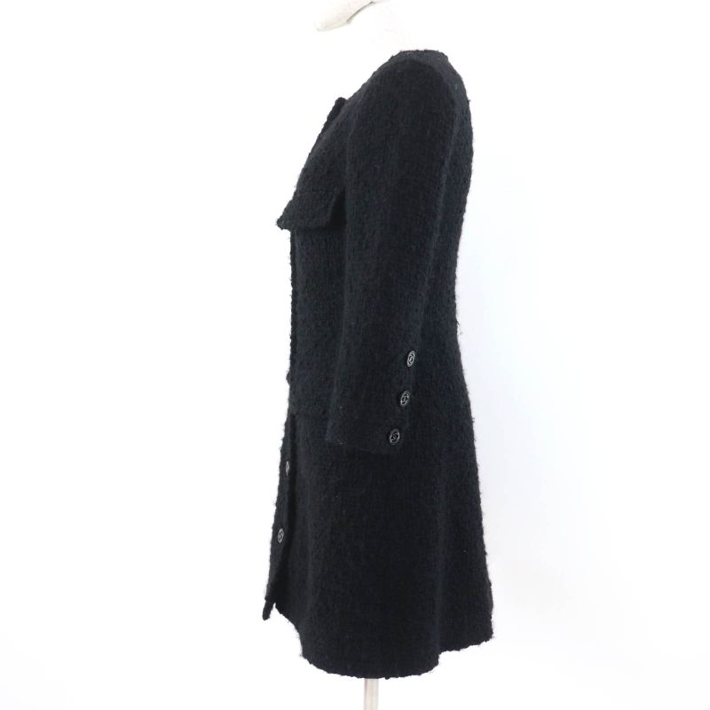 CHANEL P46625v28631 Wool Tweed Coat With Coco Mark Buttons Black 34 Made In