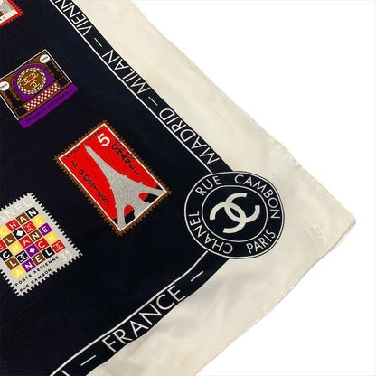 Chanel CC Logo Large Scarf Silk Worl Pattern Black Red White