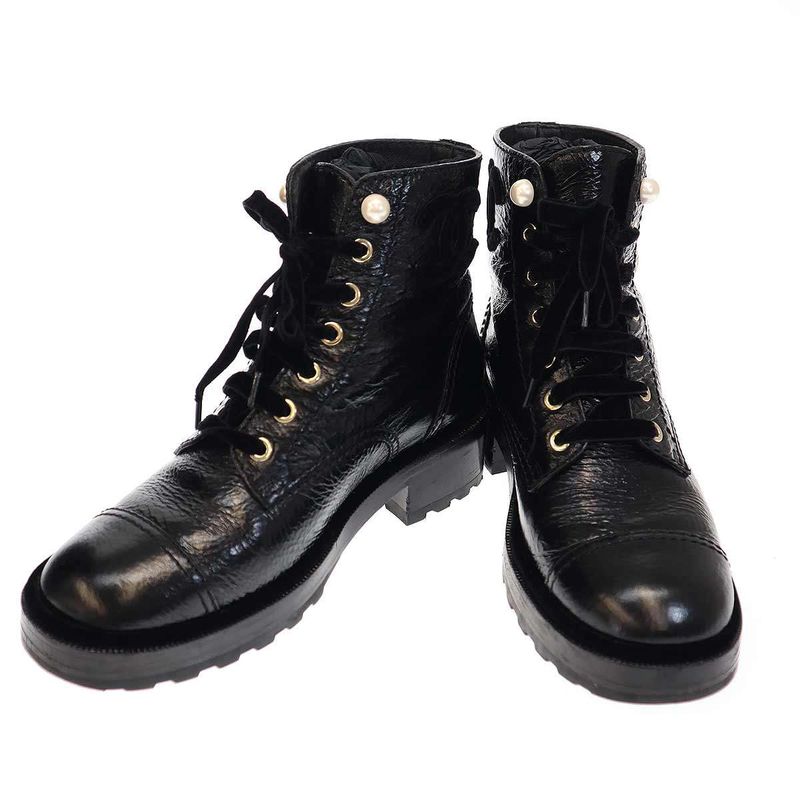 Chanel 21a Cocomer Cles Lace-Up Boots with Pearls G35154 X56195 Black 38