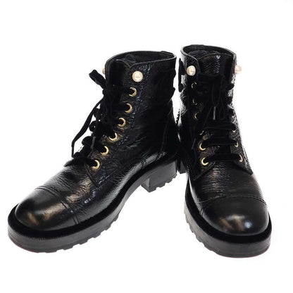 Chanel 21a Cocomer Cles Lace-Up Boots with Pearls G35154 X56195 Black 38