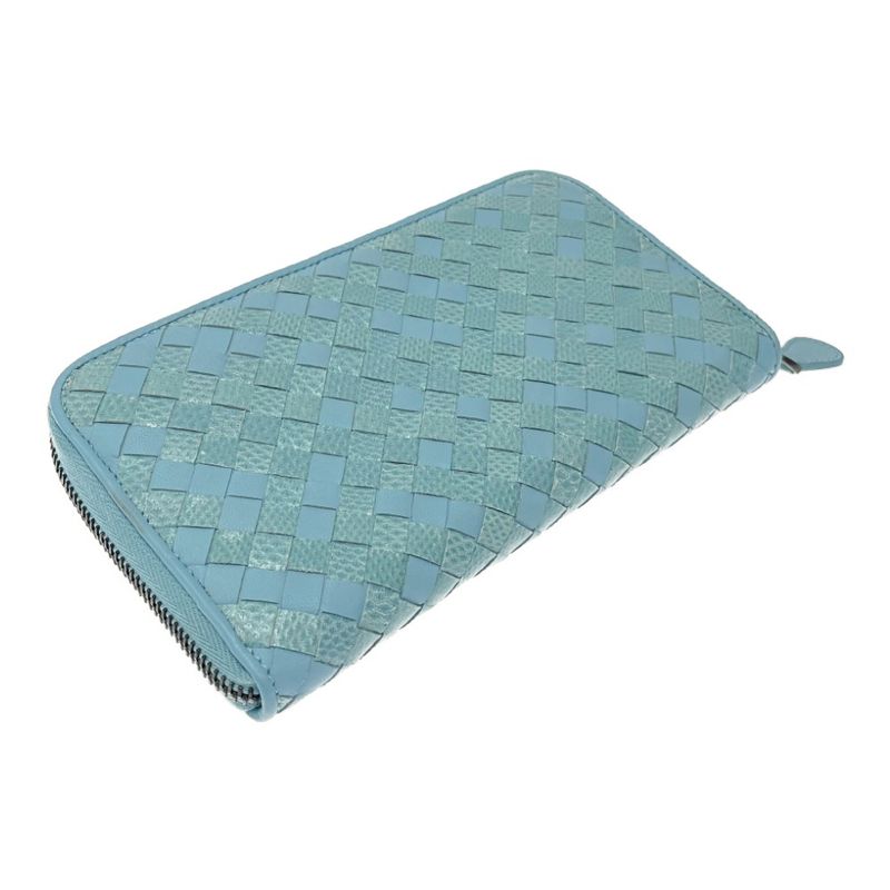 Bottega Veneta Leather Intrecciato Round Zip Wallet Blue 371637 Long Wallet