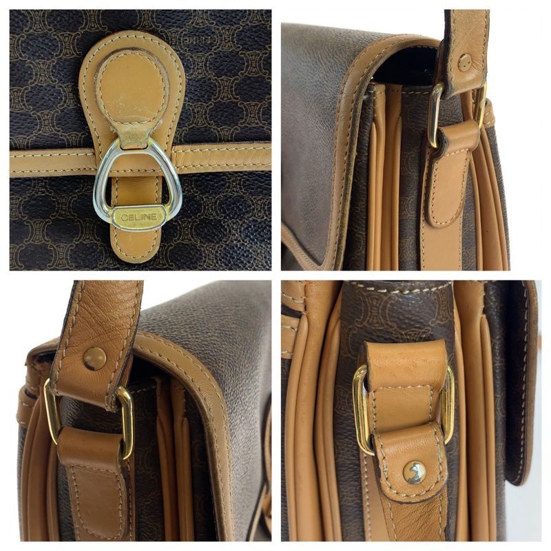 Celine Vintage Macadam Pattern Brown Gold Hardware Pvc/leather Crossbody