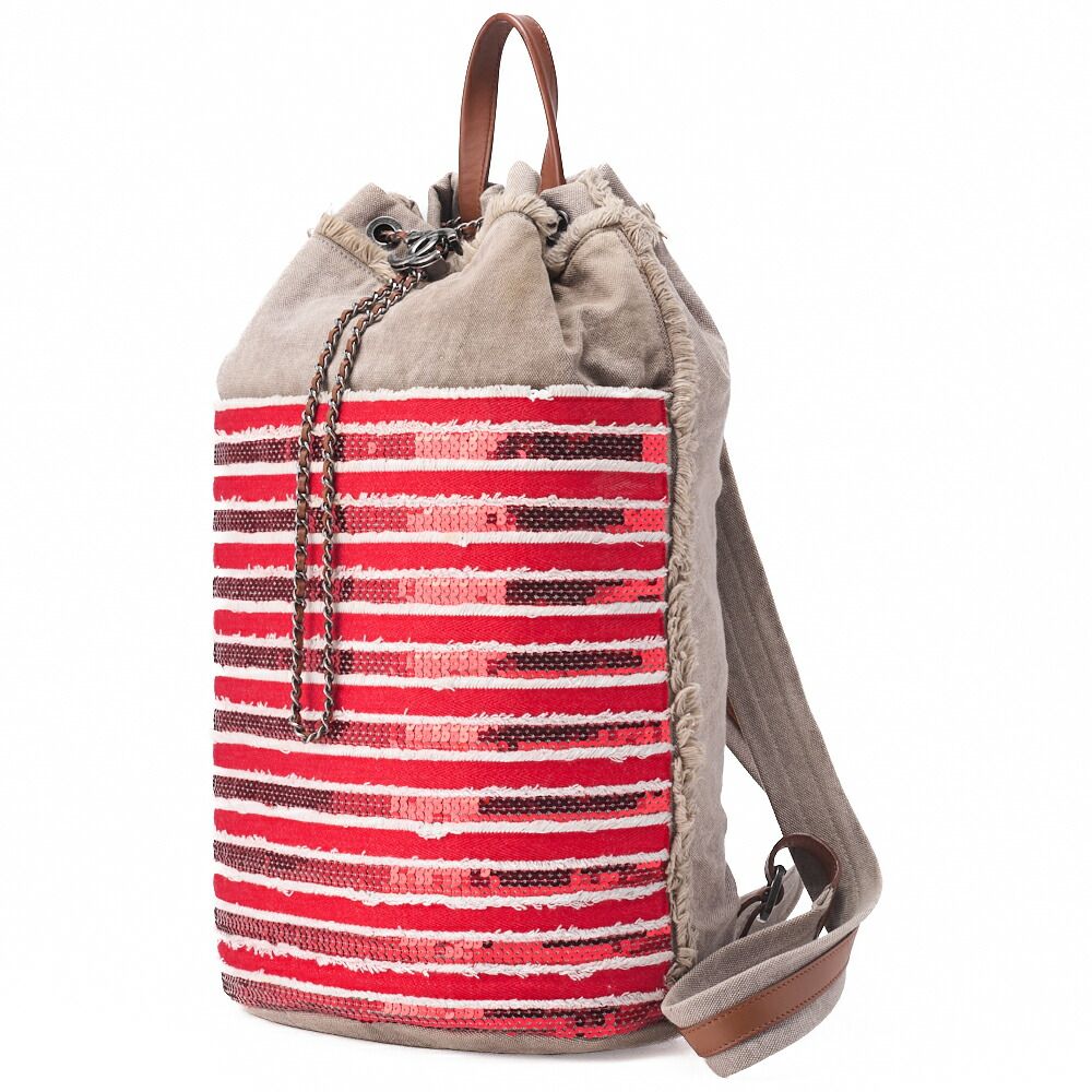 Chanel Sequined Drawstring Backpack With Striped Coco Charm Red (silver