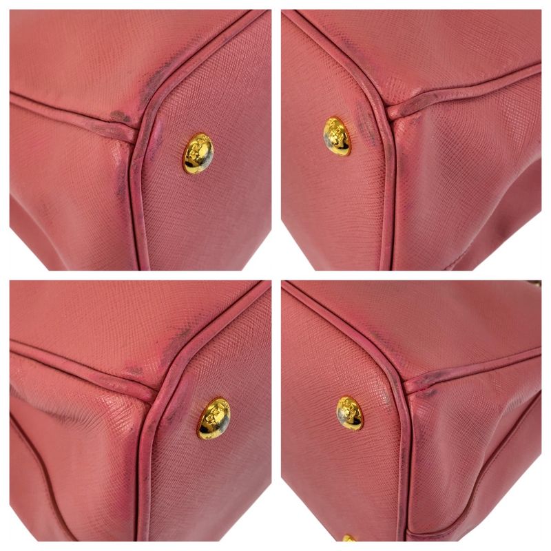 Prada Saffiano Triangle Logo Plate Pink Gold Hardware Leather Handbag Tote Bag