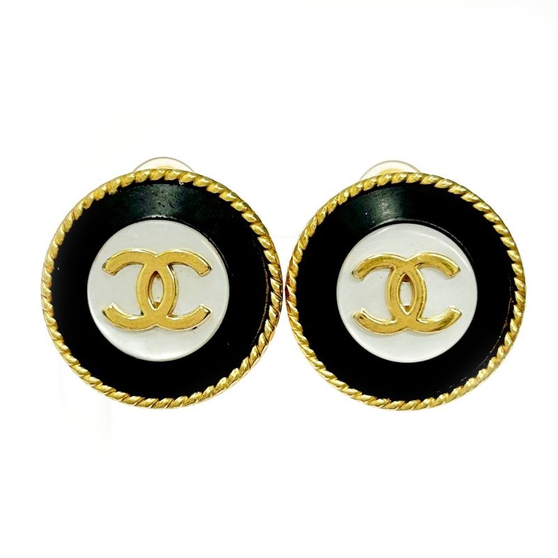 Chanel GP Shell 97p Coco Mark Round Earrings Gold Black 362540 Earrings