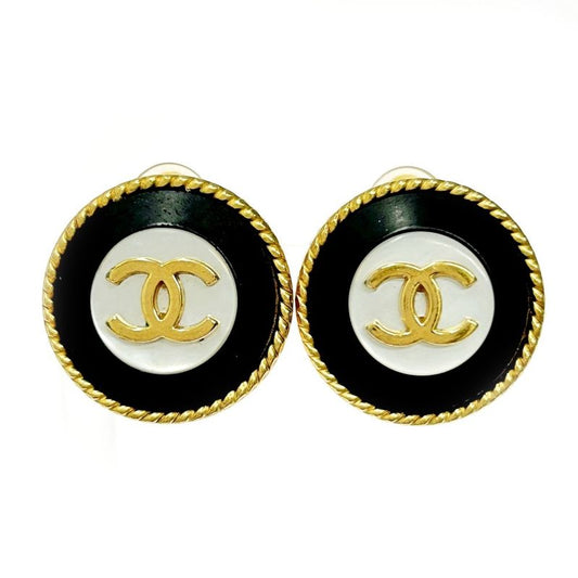 Chanel GP Shell 97p Coco Mark Round Earrings Gold Black 362540 Earrings