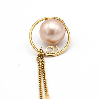 Christian DIOR Tribal Earrings Resin Pearl CD Logo Chain Pink GP 7.3g Box With