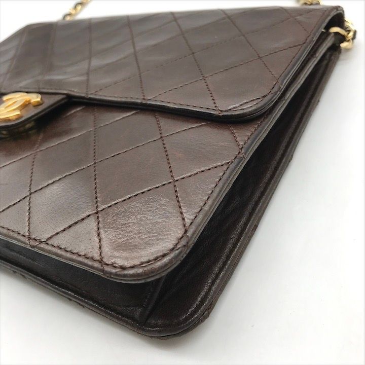 Chanel CC Logo Quilted Lambskin Chain Shoulder Bag Push Lock Brown