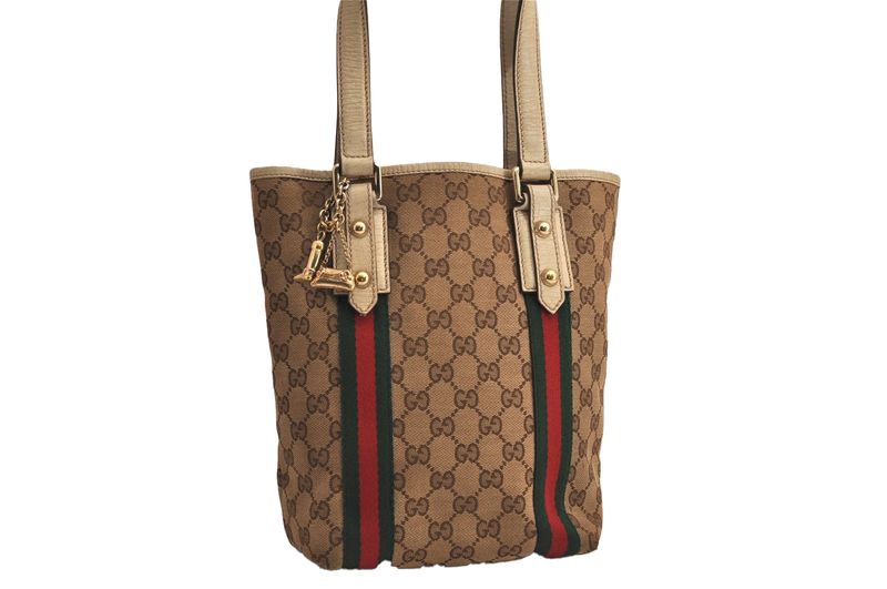 Gucci Web Sherry Line Tote Bag GG Canvas Leather 162898 Brown 7460m