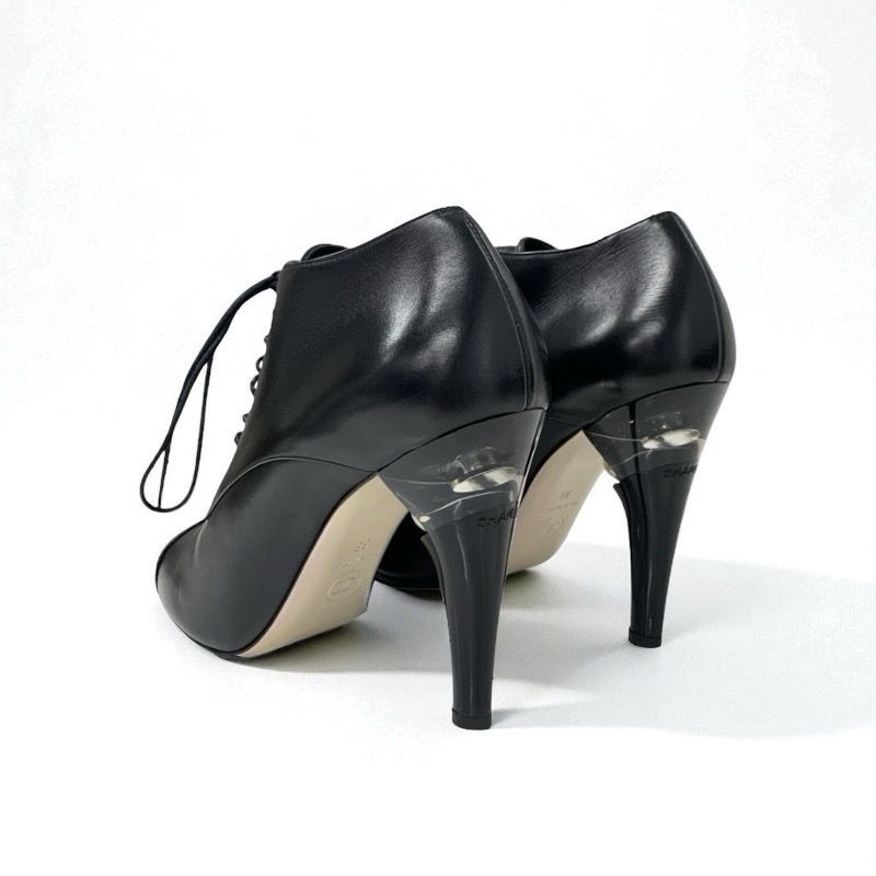 Chanel Boots Short Boots Shoes Leather Black Lace Up Pearl Booties