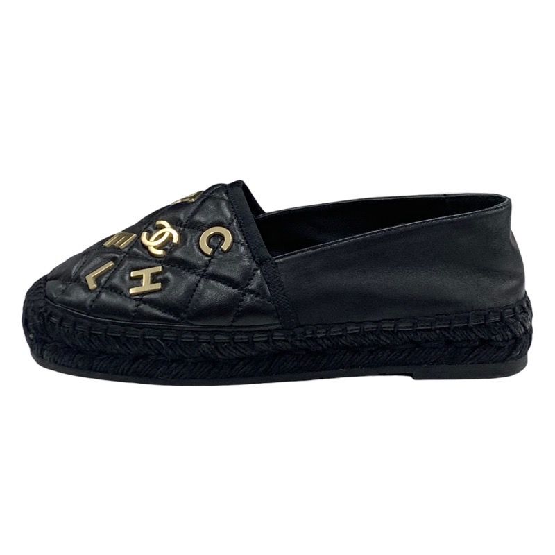 Chanel Flat Shoes Leather Black Gold Here Mark Logo Espadrilles