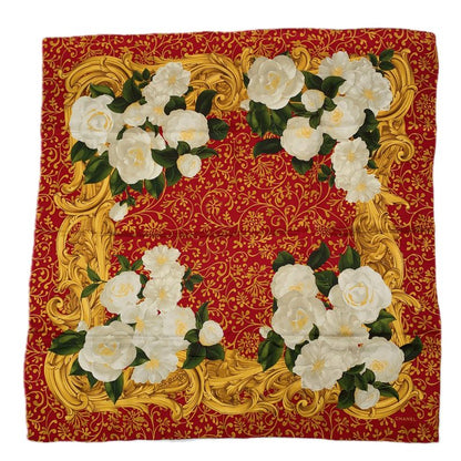 Chanel Camellia Silk Scarf Large Red X Gold X White