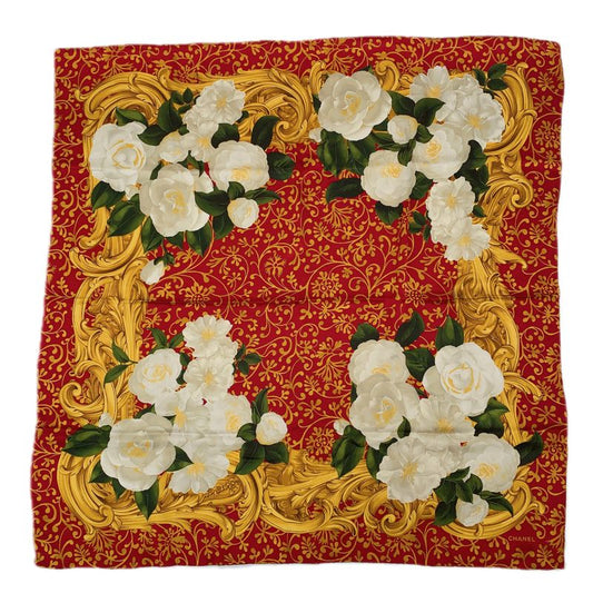 Chanel Camellia Silk Scarf Large Red X Gold X White