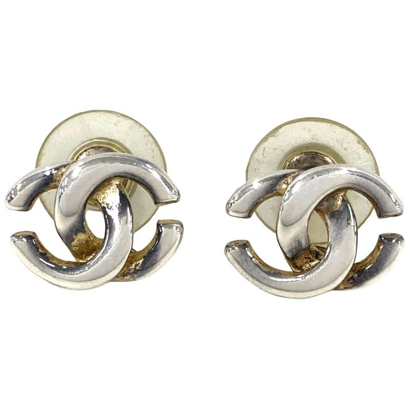 Chanel Coco Mark Earrings Silver Stamped Metal 01P