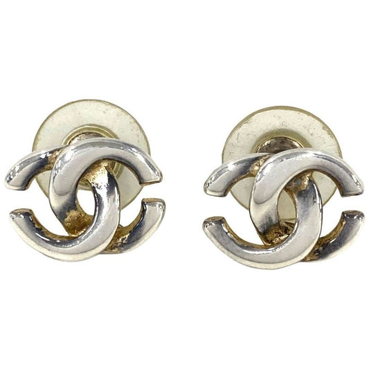 Chanel Coco Mark Earrings Silver Stamped Metal 01P