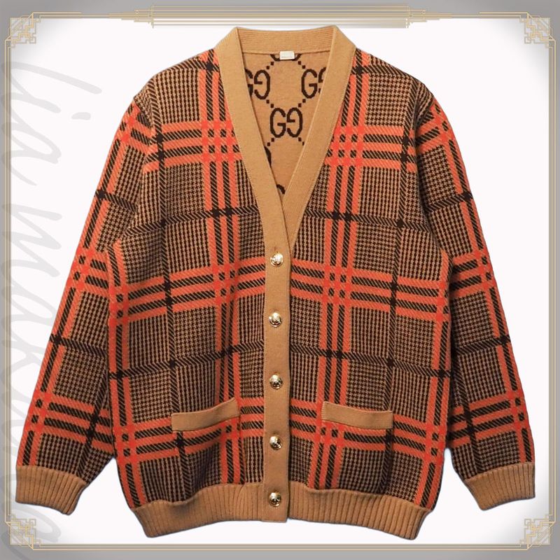 Gucci GG Wool Check Reversible Cardigan Glen Check Woven Long Sleeve Women's V