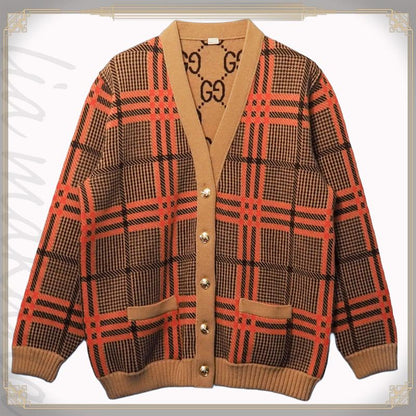 Gucci GG Wool Check Reversible Cardigan Glen Check Woven Long Sleeve Women's V