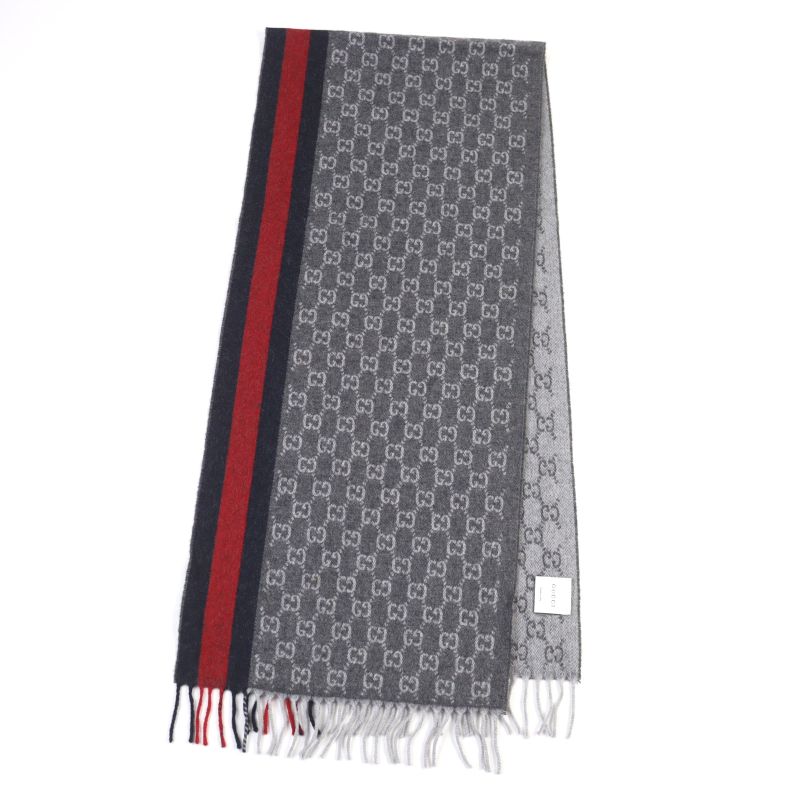 Gucci 391531 Cashmere 50% GG Logo All-over Webline Fringed Scarf Grayish 35 X