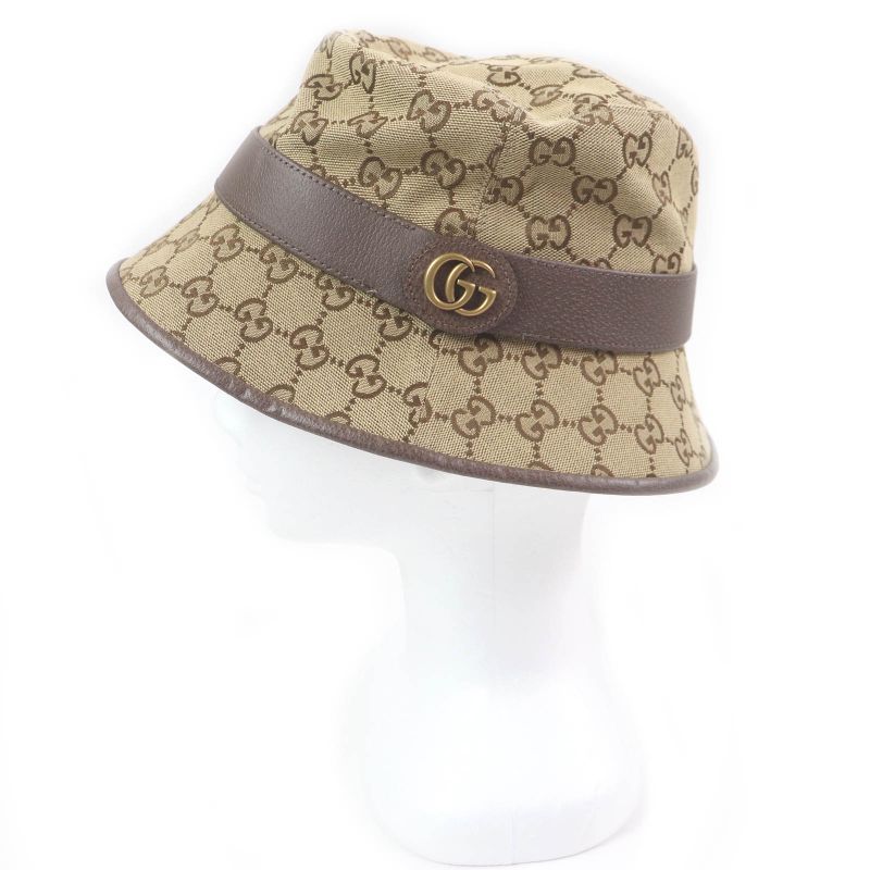 Gucci 576587 GG Canvas Logo Hardware Leather Piping Bucket Hat Beige S/57cm