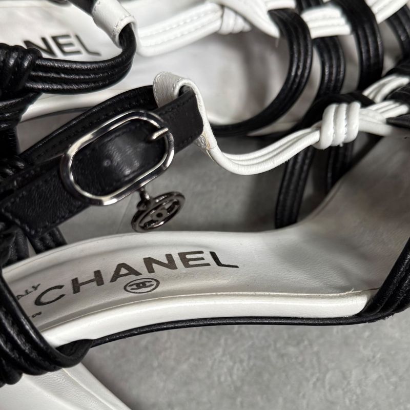 Chanel Coco Mark Charm Braided Leather Sandals Black White Bicolor 35 22cm