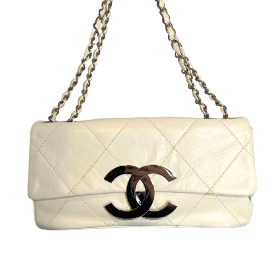 CHANEL Vintage Quilted Extra Large Jumbo Flap Bag White Nappa Leather