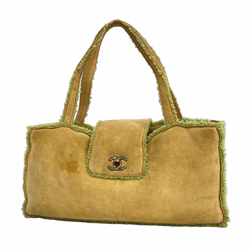 Chanel Handbag Suede Mouton Beige Green Gold Hardware Women's