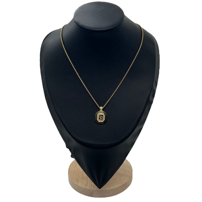 Christian DIOR Necklace Rhinestone Black Stone Square CD Logo Gold