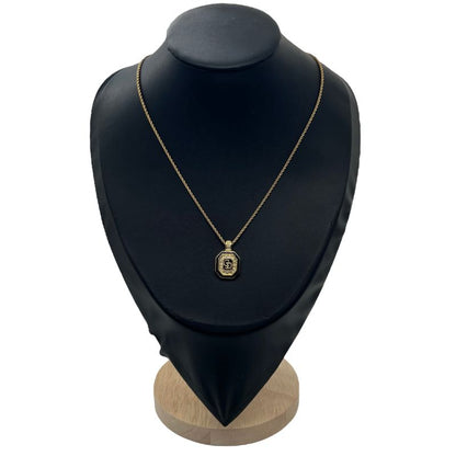 Christian DIOR Necklace Rhinestone Black Stone Square CD Logo Gold