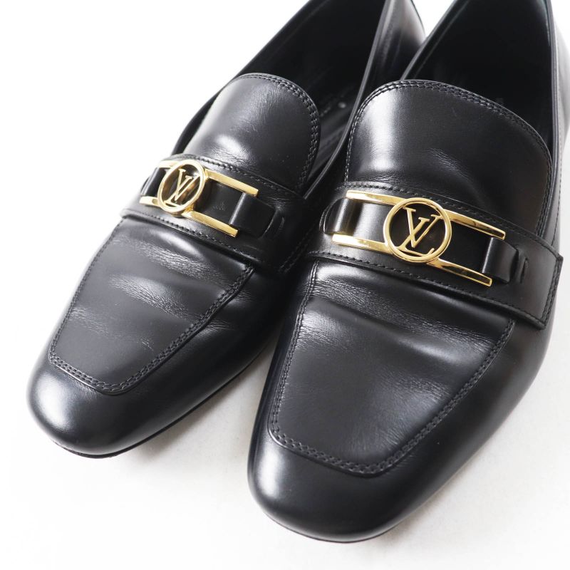 Louis Vuitton 2020 Square Toe Leather Loafers With LV Logo Hardware Black Gold