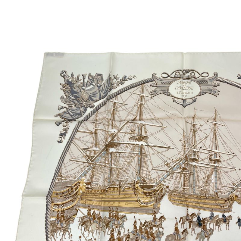 Hermes Scarf Silk Carre 90 Marine ET Cavalerie Sea And Cavalry White