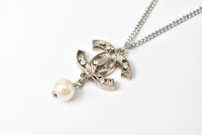 Chanel Necklace Pendant Coco Mark Rhinestone Faux Pearl Silver Rye Togo Old